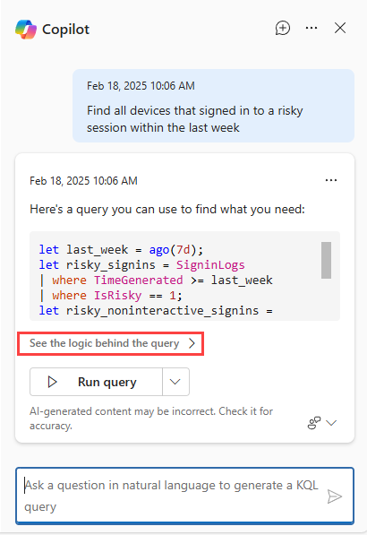 Screenshot of Copilot button showing See the logic behind the query.