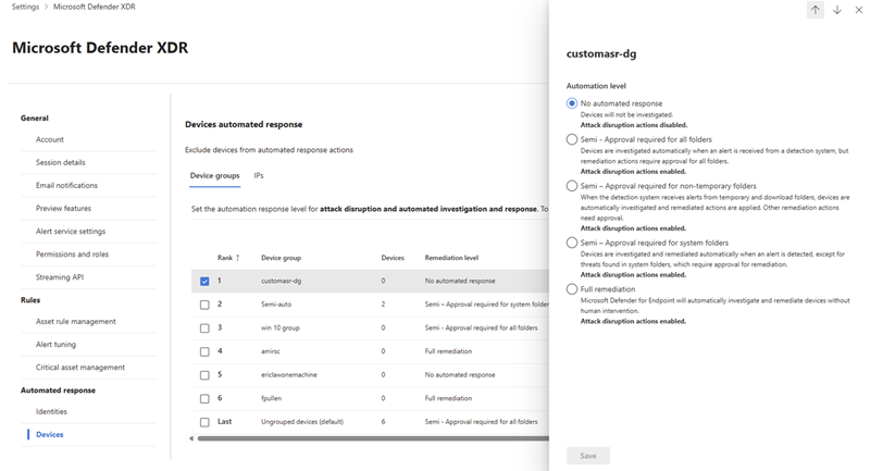 Flyout pane when configuring automation levels for a device group