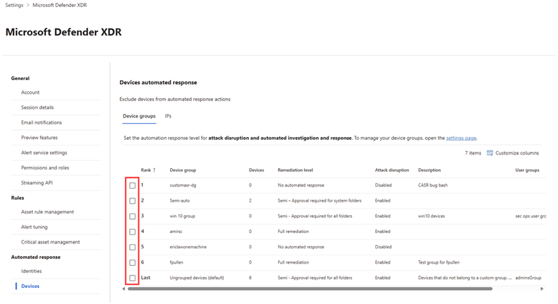 Device groups tab in the automated response settings for attack disruption