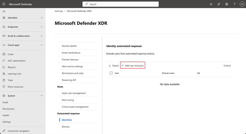 Identities page in the automated response settings for attack disruption