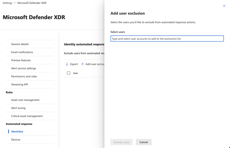 Flyout pane when adding and selecting users to exclude in the automated response settings for attack disruption