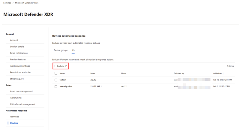 IPs tab in the automated response settings for attack disruption