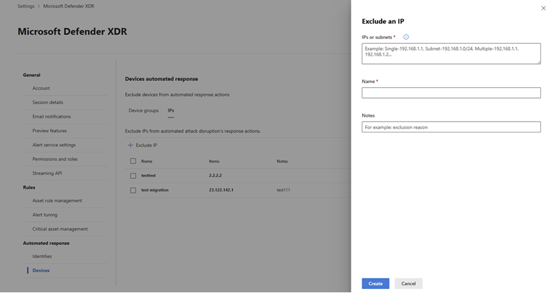 Flyout pane when adding IP addresses to exclude in the automated response settings for attack disruption