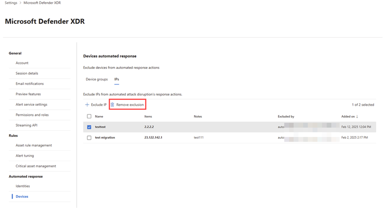 Highlighting the removal option when removing an excluded IP in the IP tab of attack disruption automation settings