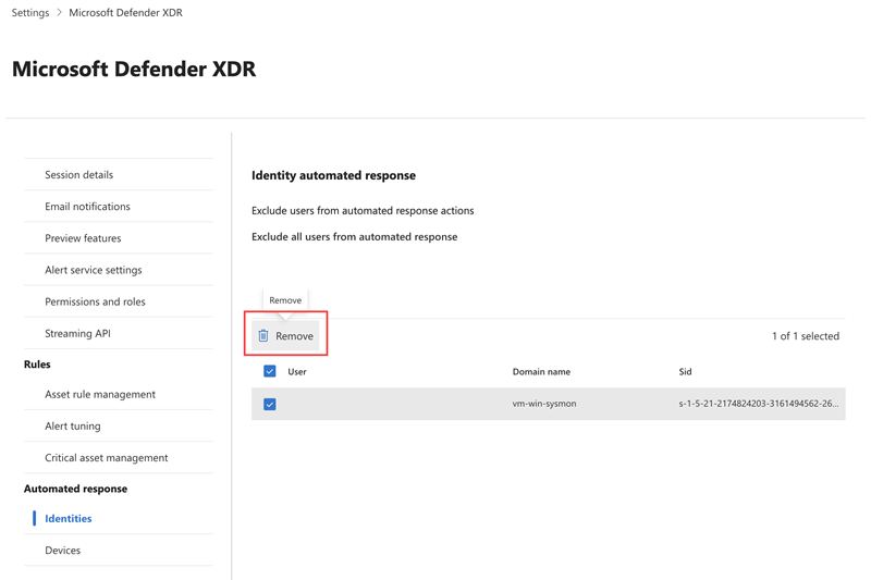 Highlighting the removal option when removing an excluded user in the Identities page of attack disruption automation settings