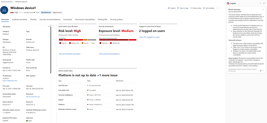 Screenshot of the device summary results in Copilot in Defender.