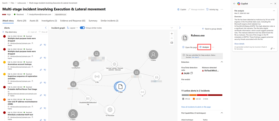 Screenshot of the incident page with the file analysis button highlighted.