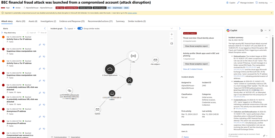 Screenshot that shows the incident summary card on the Copilot pane as seen in the Microsoft Defender incident page.