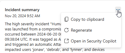 Screenshot that shows the actions available on the incident summary card.