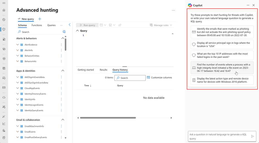 Screenshot highlighting the Copilot prompts in the advanced hunting page.