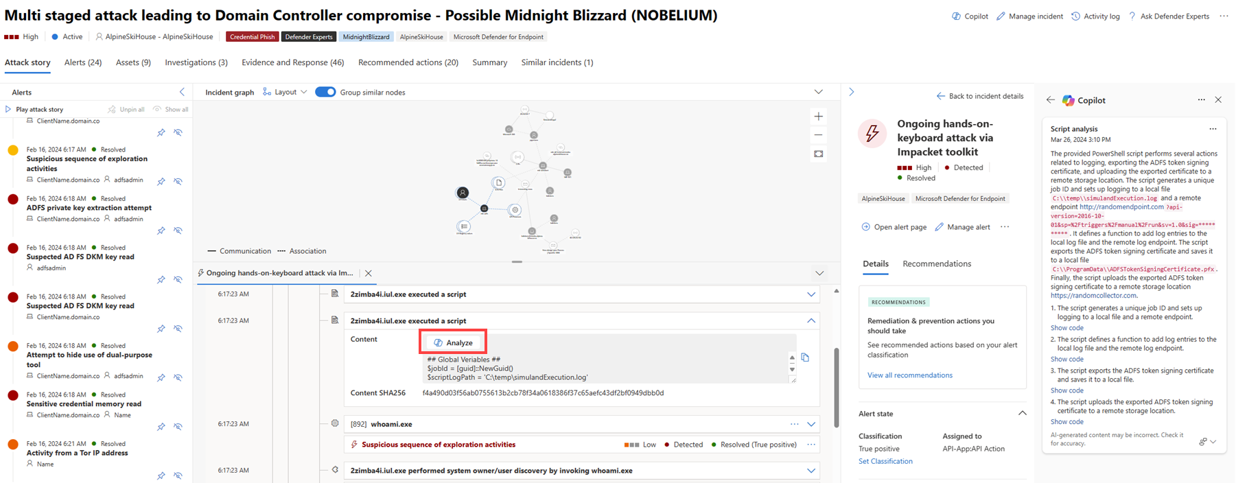 Screenshot highlighting the script analysis button in the attack story view in the incident page.