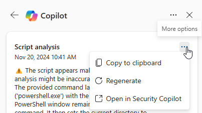 Screenshot that shows the More actions option in the Copilot script analysis card.