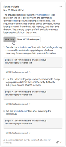 Screenshot highlighting the show or hide code option within the script analysis results.