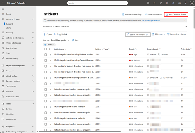 Screenshot of the Defender Boxed option highlighted in the Incidents page.