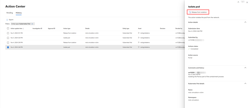 Sample of cloud response actions listed in the Action center.