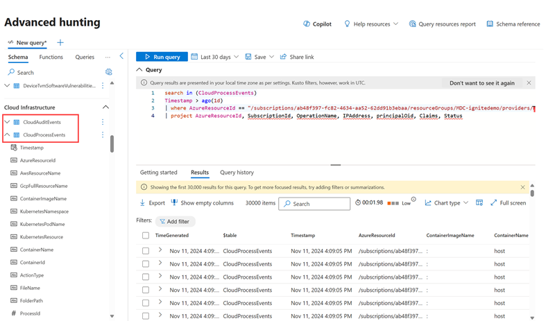 Highlighting the advanced hunting tables related to cloud events.