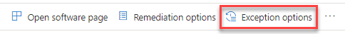 Showing where the button for "exception options" is location in a security recommendation flyout.