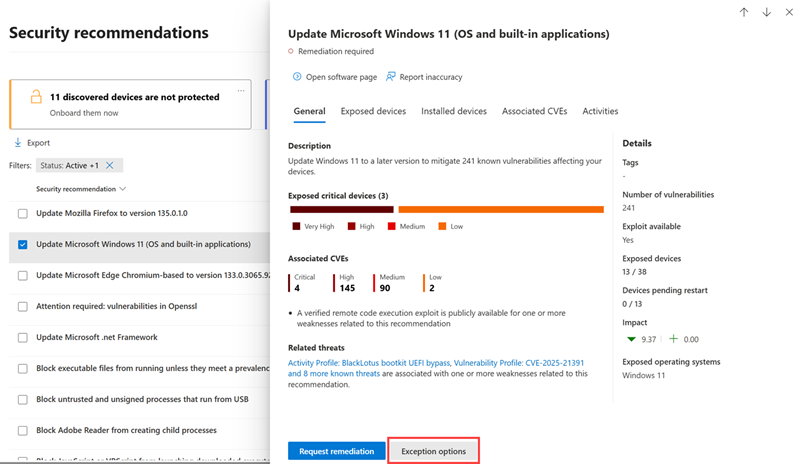 Showing where the exception options is located in a security recommendation flyout.