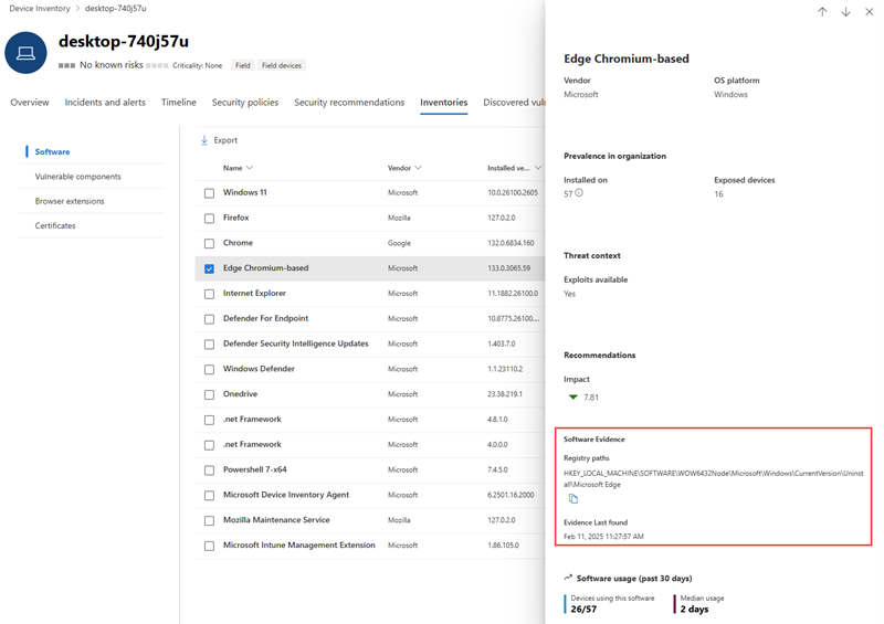 Software evidence example of Microsoft Edge showing evidence registry path as seen on a device page