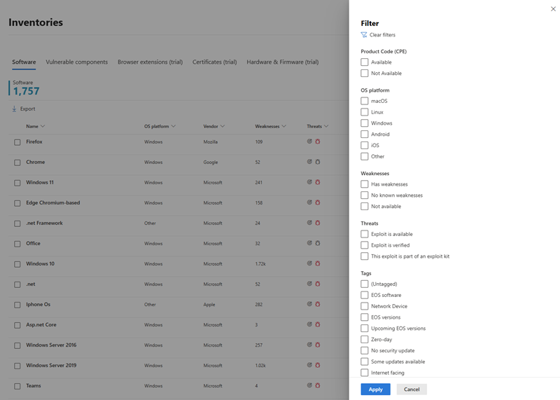 Screenshot of available filters in the software inventory page.