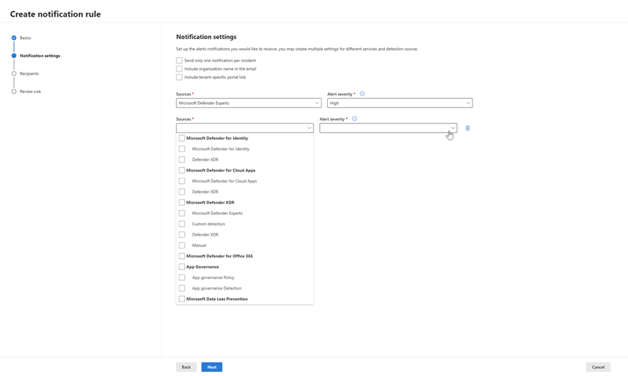 Screenshot of the Notification settings page for incident email notifications in the Microsoft Defender portal.