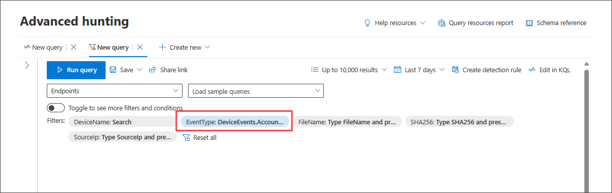 Screenshot of guided mode query builder endpoint basic filter set