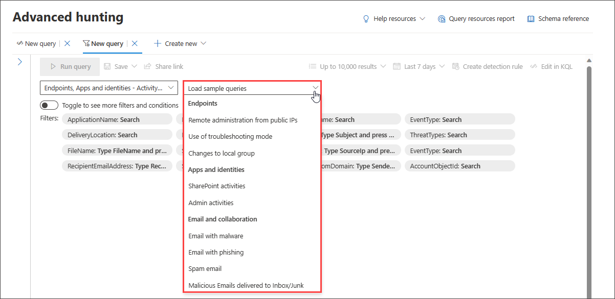 Screenshot of guided mode query builder load sample queries list