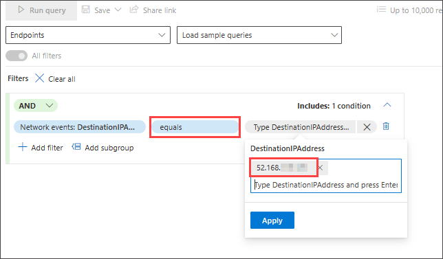 Screenshot of guided mode query builder hunt for successful connections to specific IP