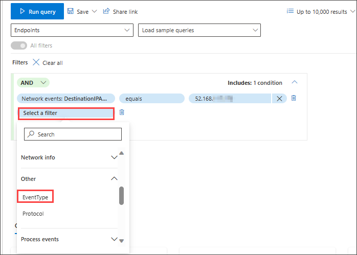 Screenshot of guided mode query builder hunt for successful connections to specific IP, second condition