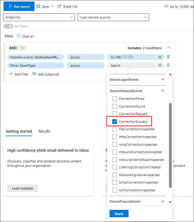 Screenshot of guided mode query builder hunt for successful connections to specific IP third condition