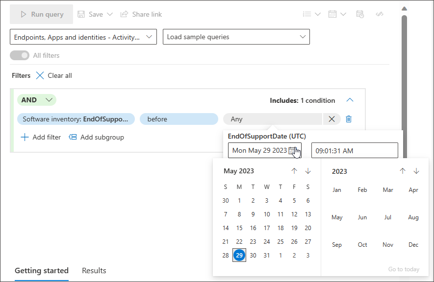 Screenshot of datetime values as third condition