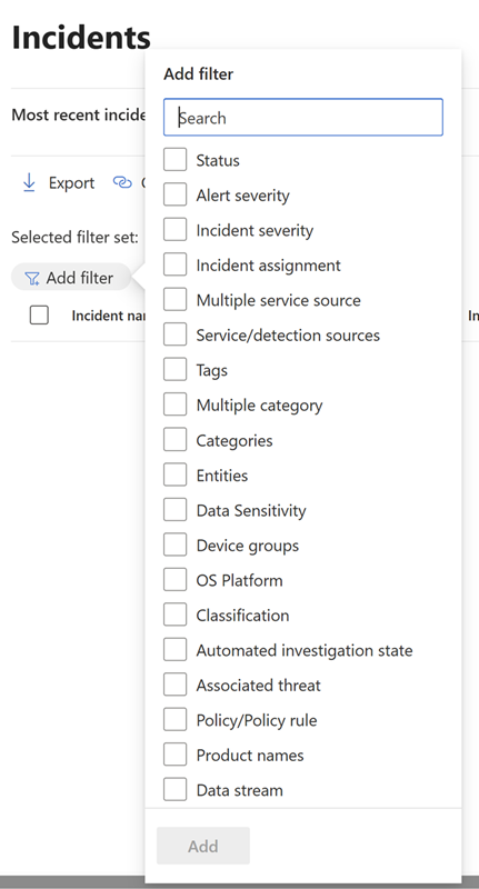 The Filters pane for the incident queue in the Microsoft Defender portal.