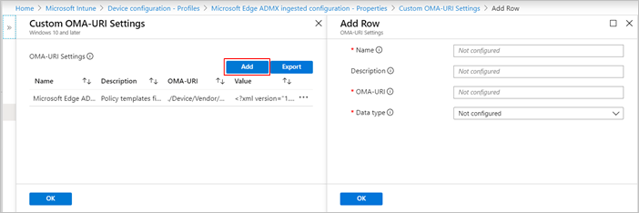 Add row to OMA-URI settings