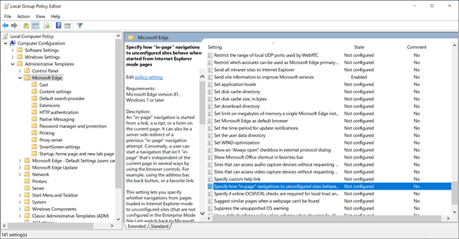 In-page policy setting