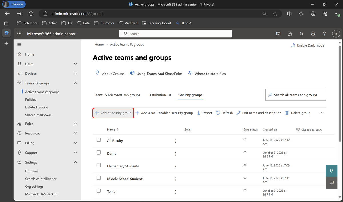 Add a security group under Active teams & groups.