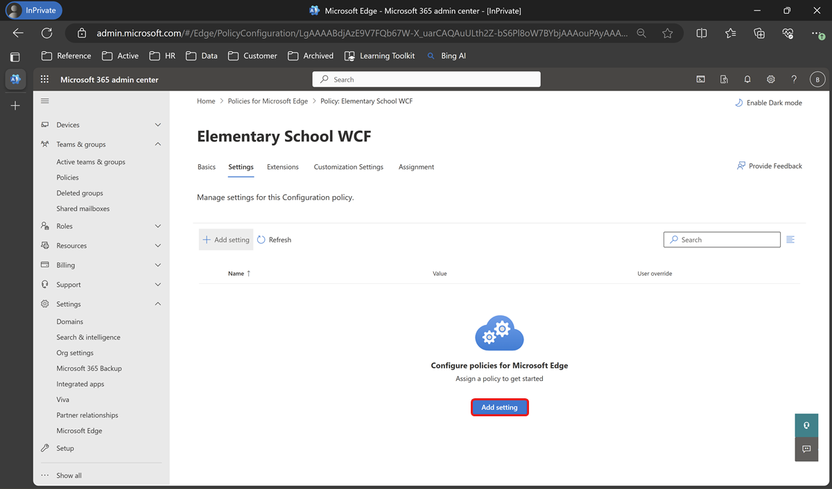 Open policy configuration page to add a setting.