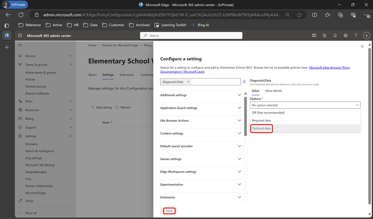 Search for DiagnosticData and configure Optional data as Required.