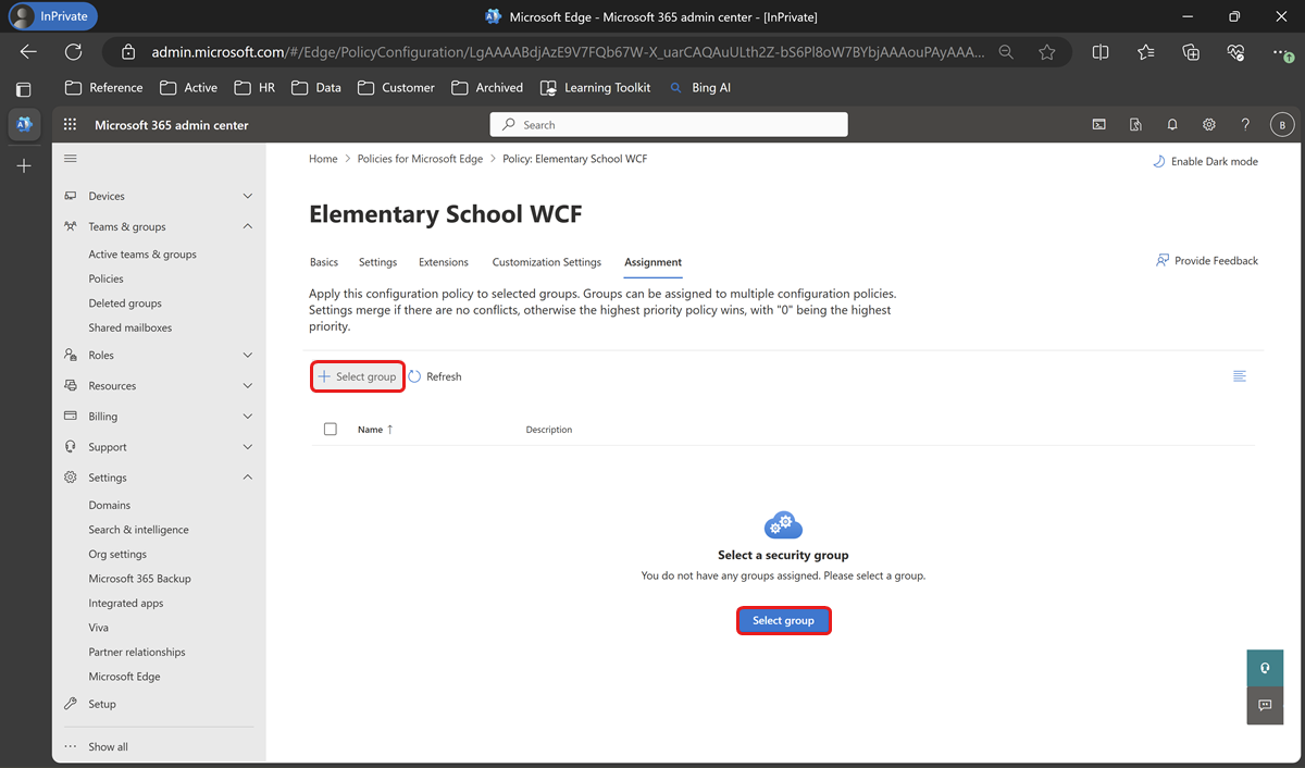 Pick Assignment on policy page to select a group.