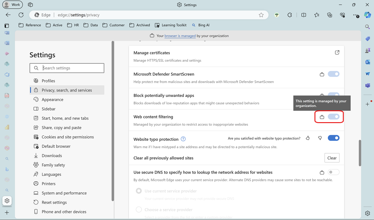 Check Web content filtering in Edge Settings.