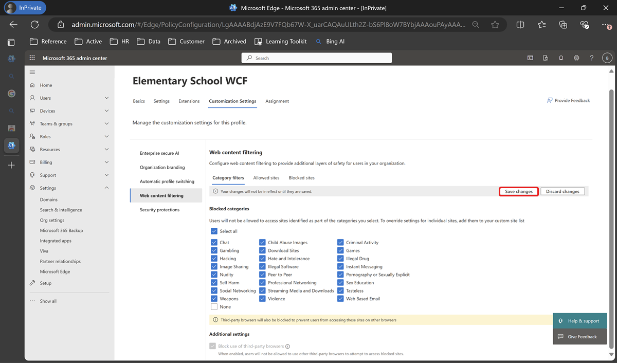 Pick blocked categories for Web content filtering.