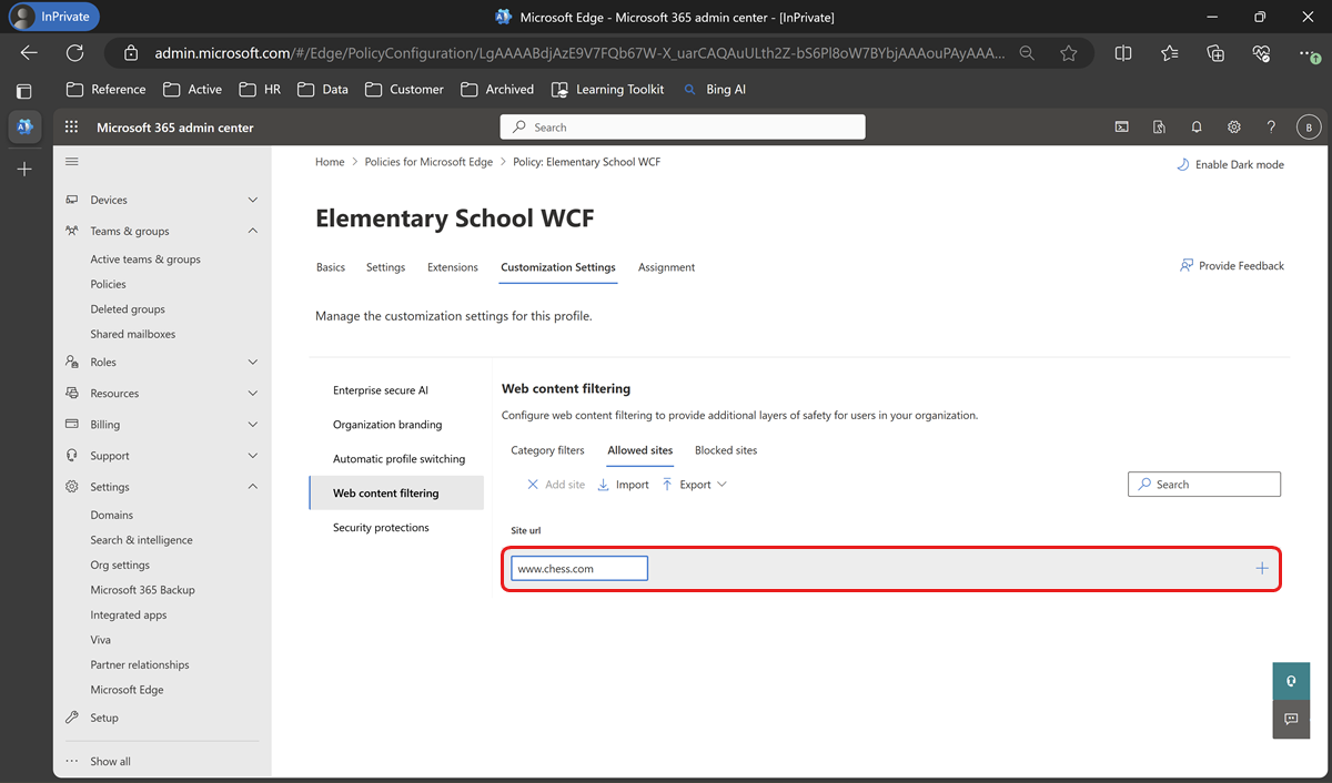 Enter URL for allowed sites in Web content filtering.