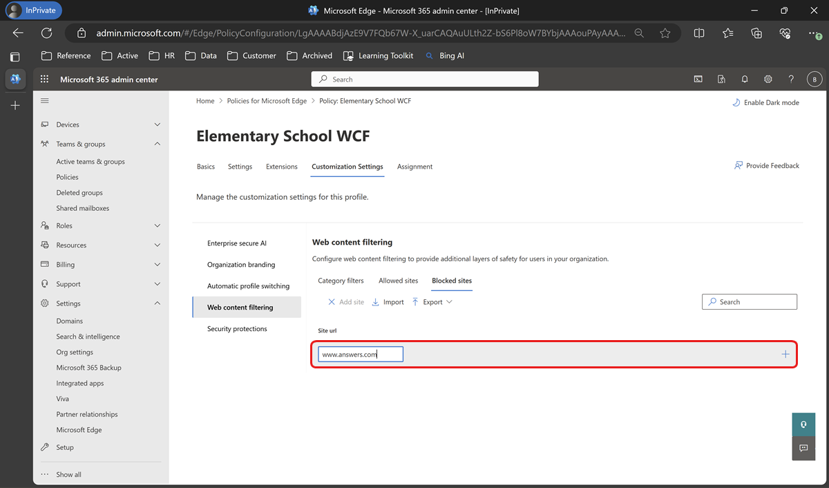 Enter URL for blocked sites in Web content filtering.