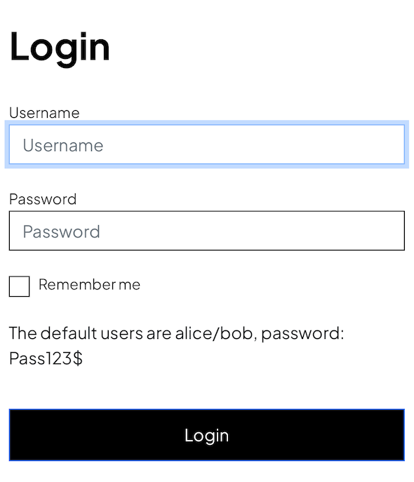 Login page displayed by the WebView.