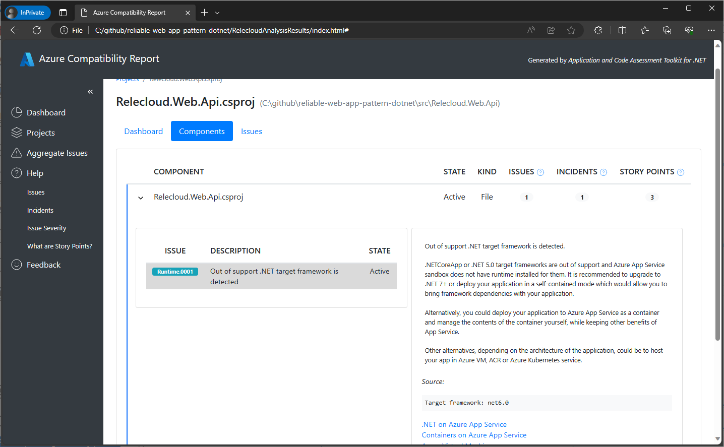 Screenshot of the report's project component dashboard