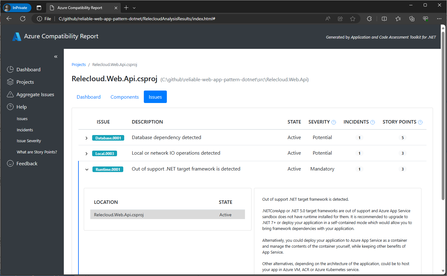 Screenshot of the project issues dashboard