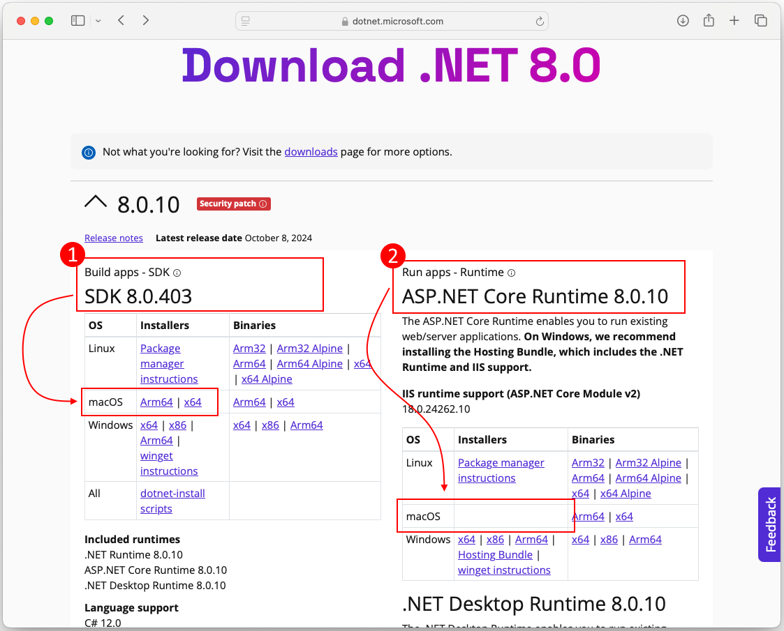 The .NET download website showing the SDK and Runtime download links. The SDK and Runtime headers are highlighted with a red box. Each box has an arrow pointing down to the macOS section.