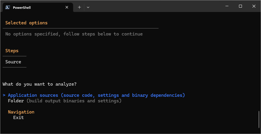 A terminal showing the initial screen of options for .NET Upgrade Assistant Global Tool. The question 'What do you want to analyze' is being asked.