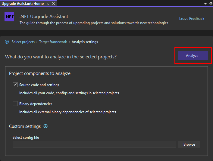 The .NET Upgrade Assistant Analyze wizard's 'Analysis settings' page in Visual Studio. The 'Source code and settings' option is selected. The 'Next' button is highlighted.