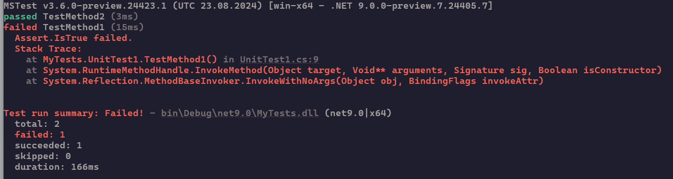 Output with 1 failed, and 1 passed test and a summary