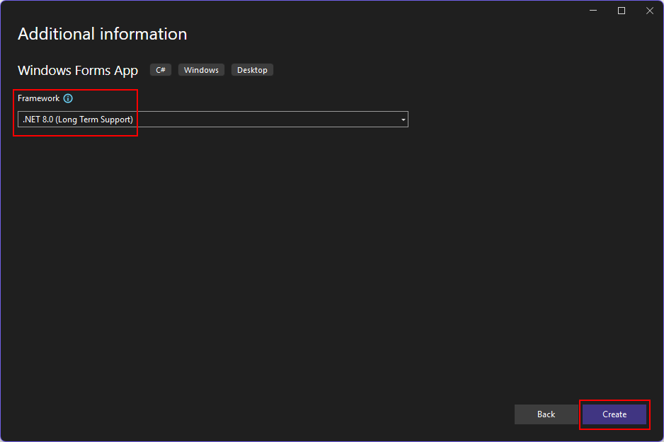 A screenshot of the 'Additional information' dialog from Visual Studio 2022. The 'Framework' dropdown box has '.NET 8.0 (Long Term Support)' selected and highlighted with a red box. The 'Create' button is also highlighted with a red box.